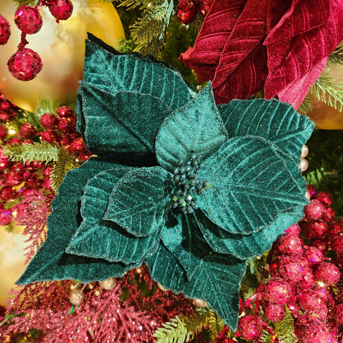 Emerald Green Velvet Poinsettia Stem 22"