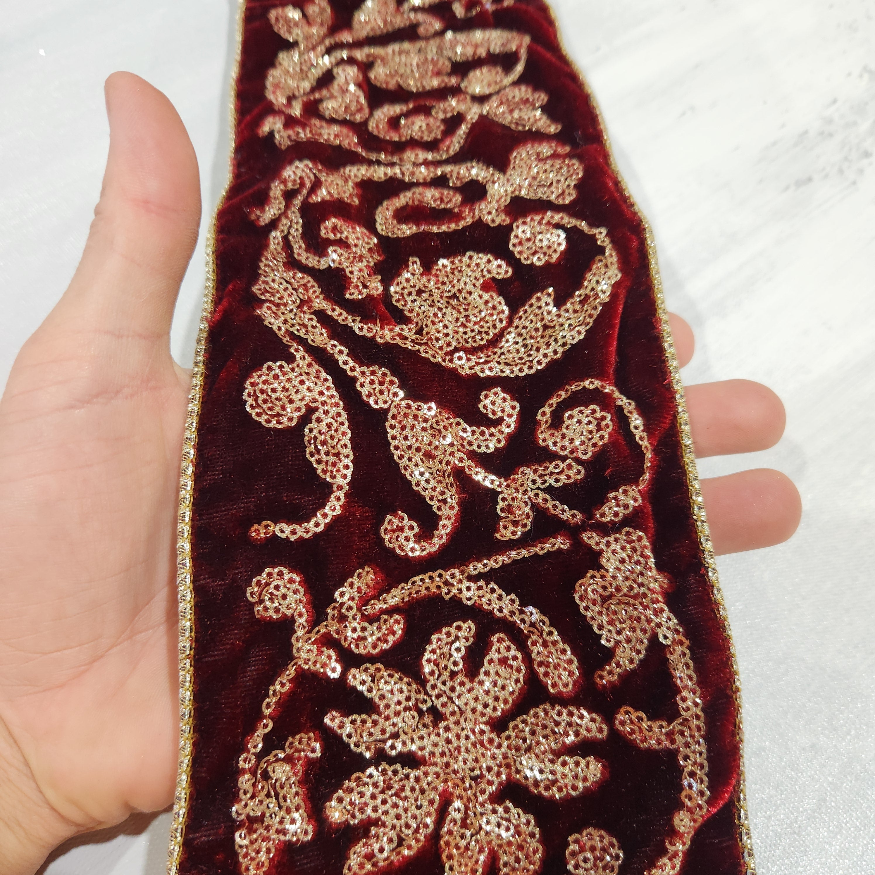 Wine Red and Gold Vine Velvet Ribbon 4" x 15'