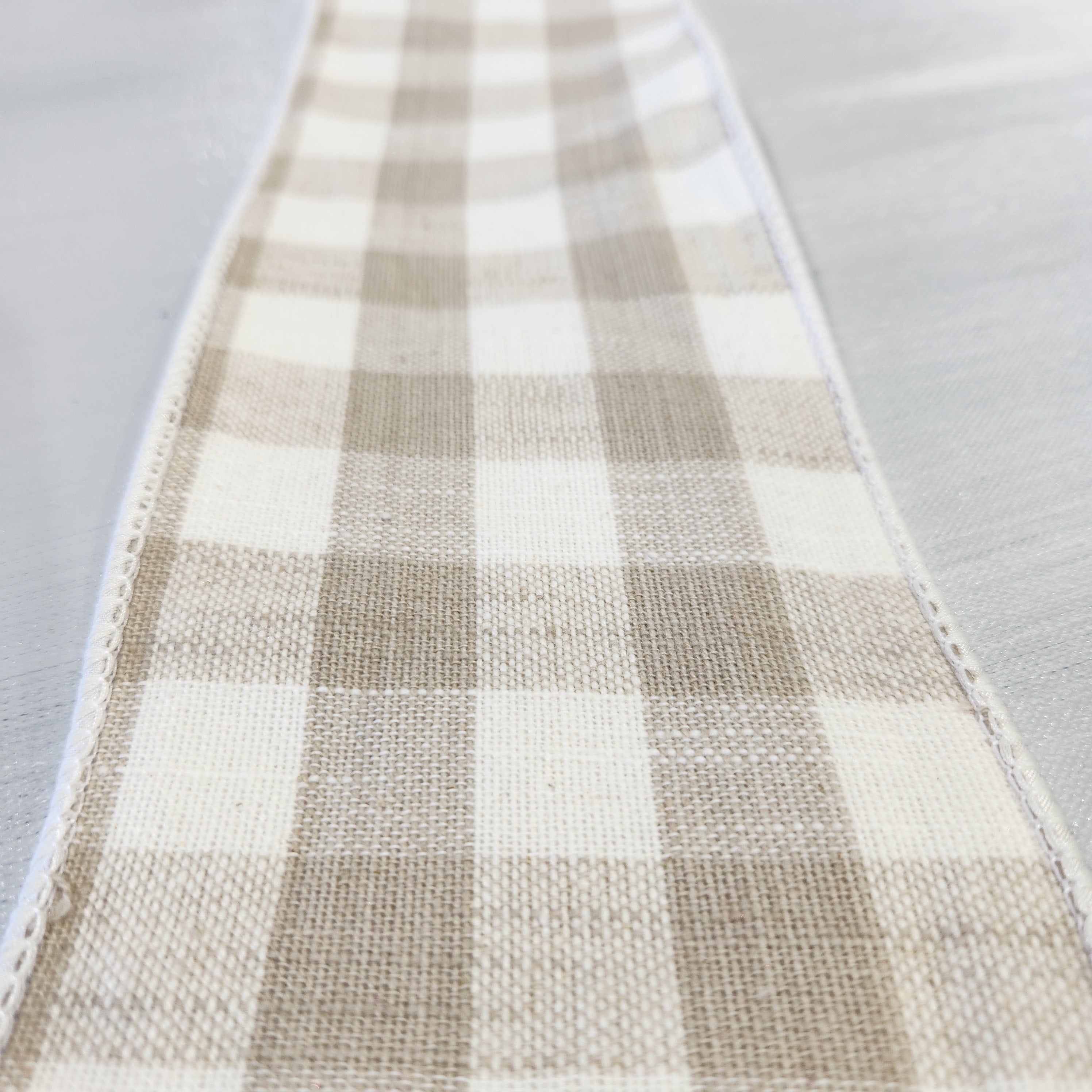 Beige and white plaid ribbon 4" x 15'