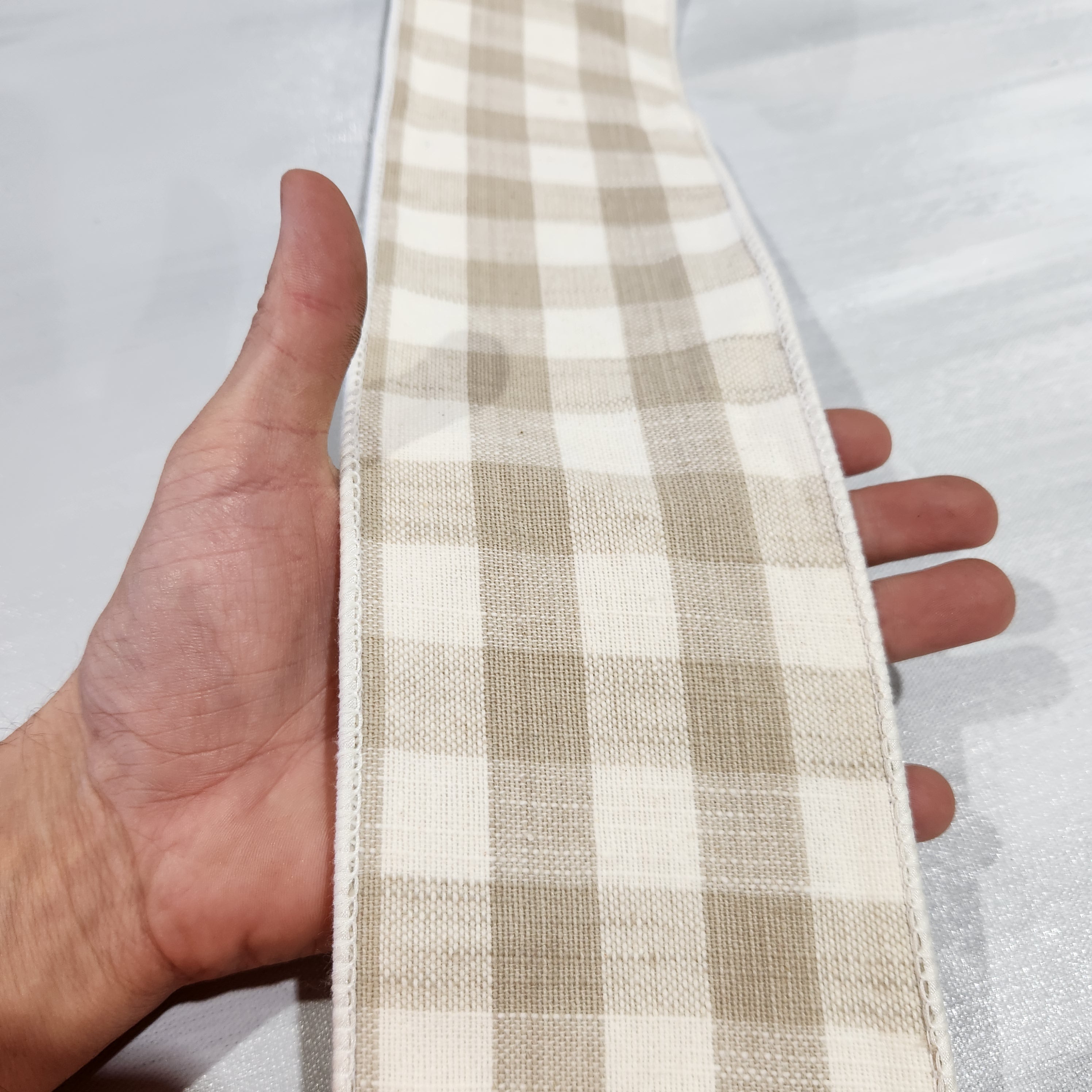 Beige and white plaid ribbon 4" x 15'