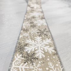 Linen ribbon with white and gray snowflakes 2.5" x 30'