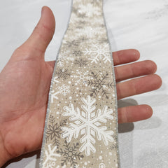 Linen ribbon with white and gray snowflakes 2.5" x 30'