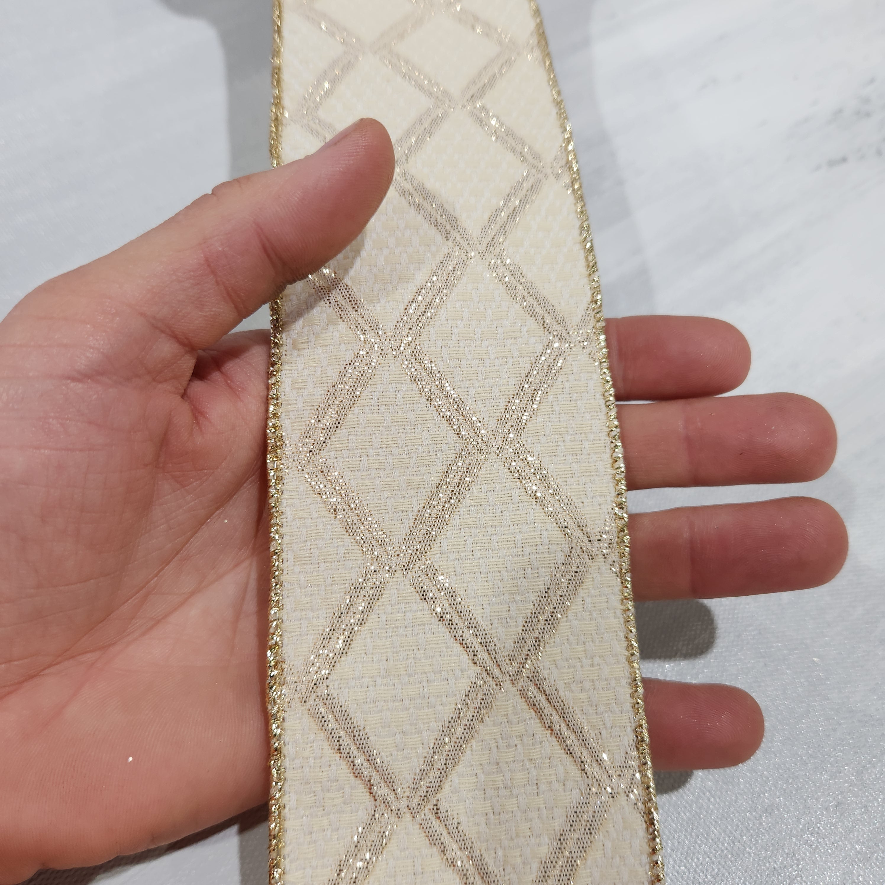 Ivory ribbon with gold diamonds 2.5" x 30'