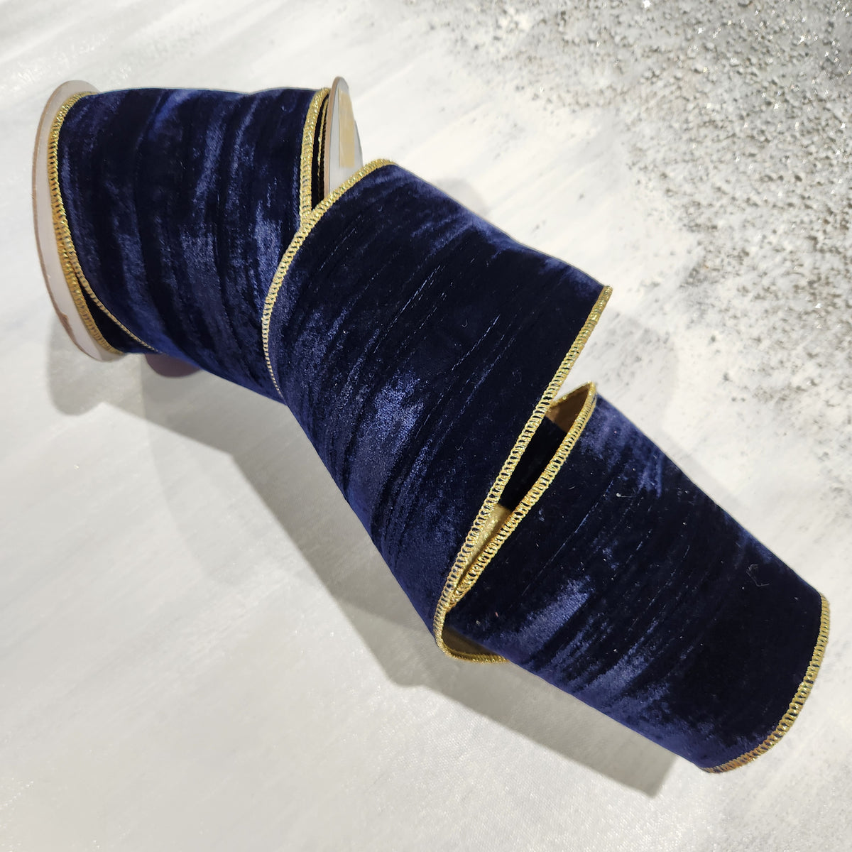 Navy Blue Velvet Ribbon with Gold Trim 4" x 15'