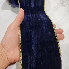 Navy Blue Velvet Ribbon with Gold Trim 4" x 15'