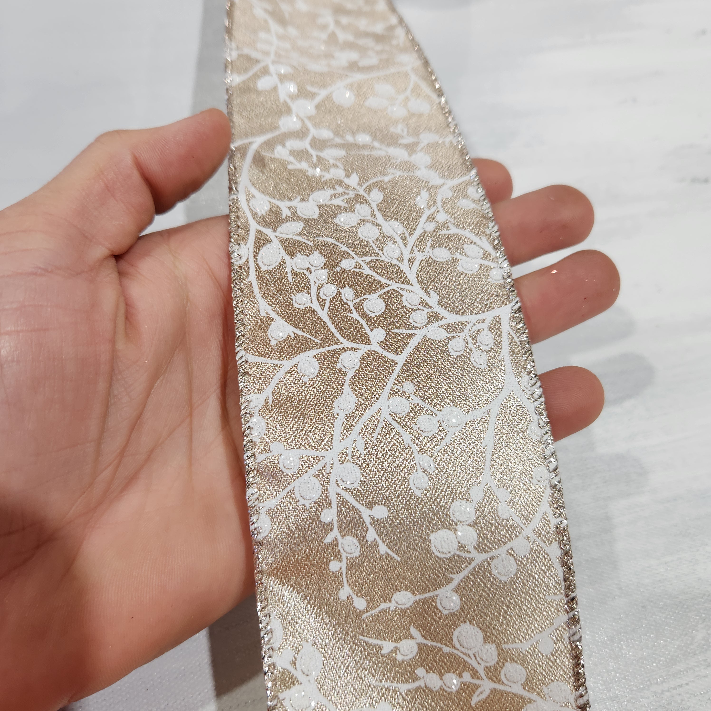 Gold Ribbon with White Branch Pattern 2.5" x 30'