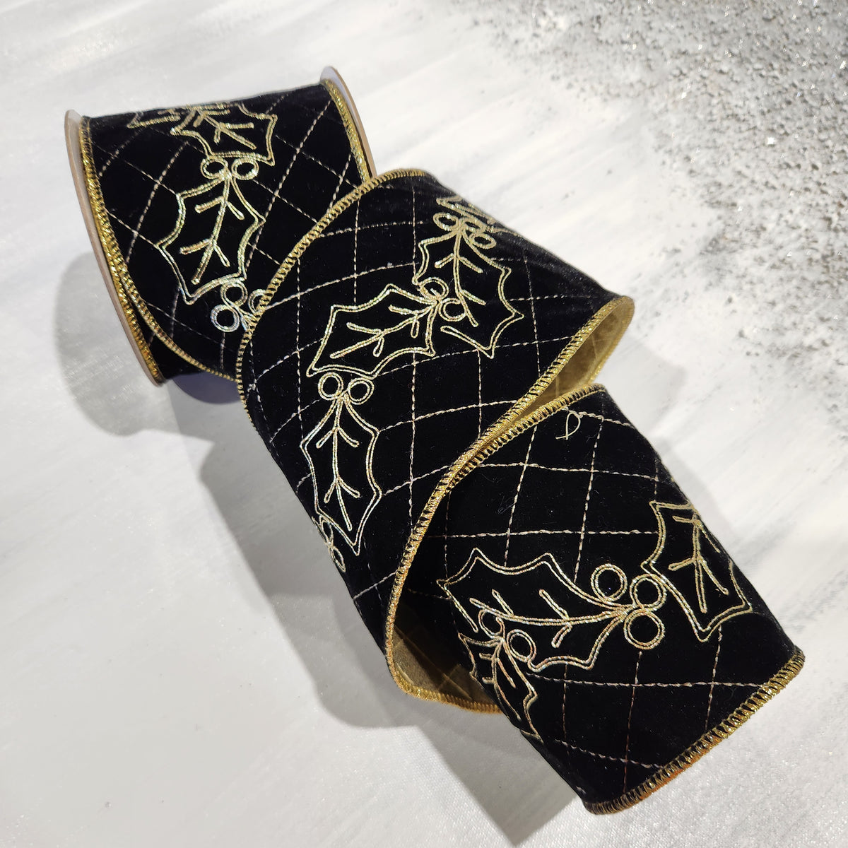 Black and Gold Velvet Holly Ribbon 4" x 15'