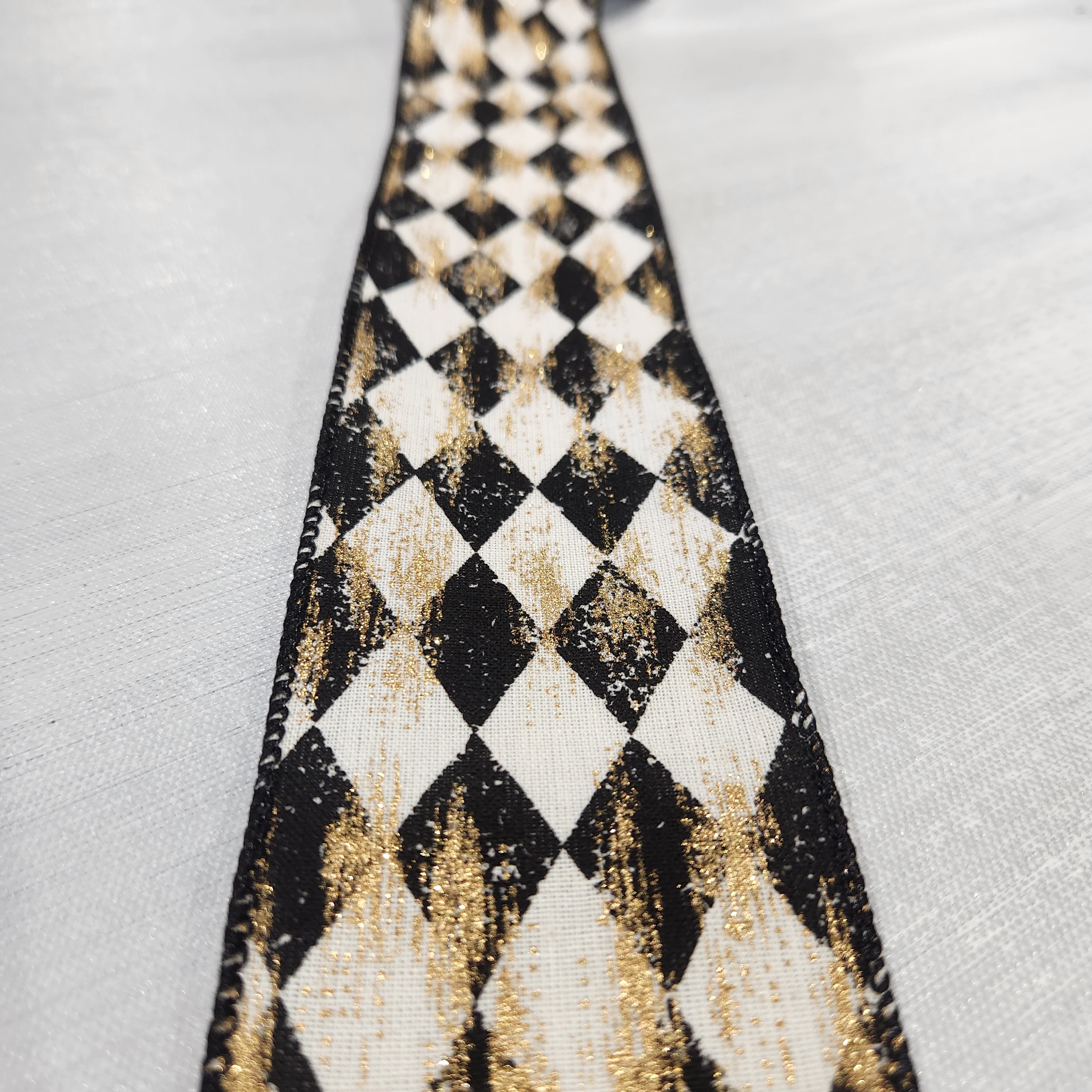 Cream, Black and Metallic Gold Diamond Canvas Ribbon 2.5" x 30'