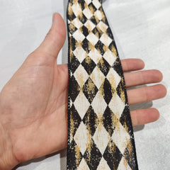 Cream, Black and Metallic Gold Diamond Canvas Ribbon 2.5" x 30'