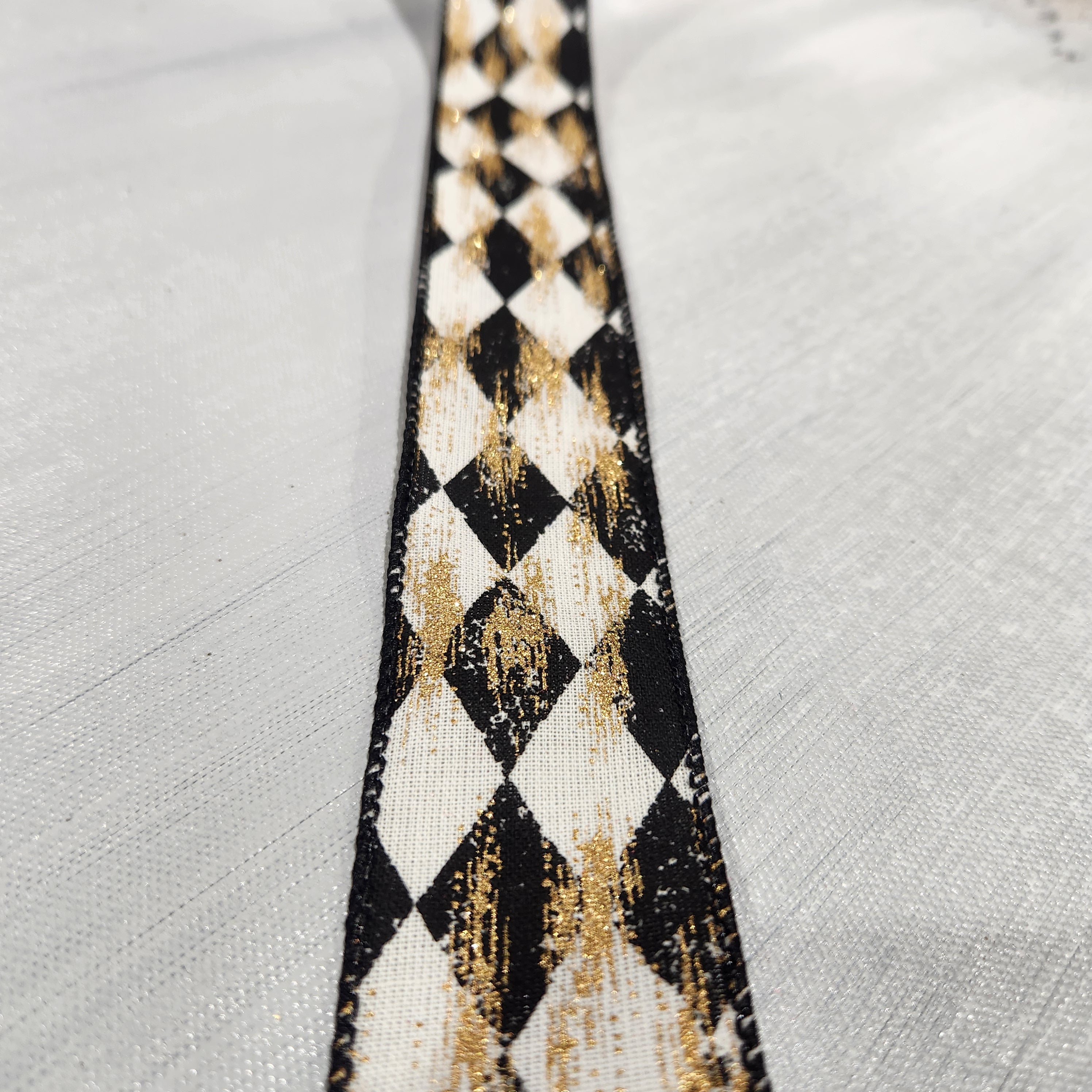 Cream, Black and Metallic Gold Diamond Canvas Ribbon 1.5" x 30'