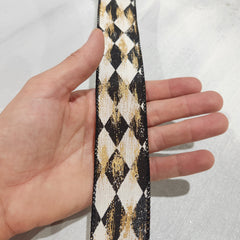 Cream, Black and Metallic Gold Diamond Canvas Ribbon 1.5" x 30'