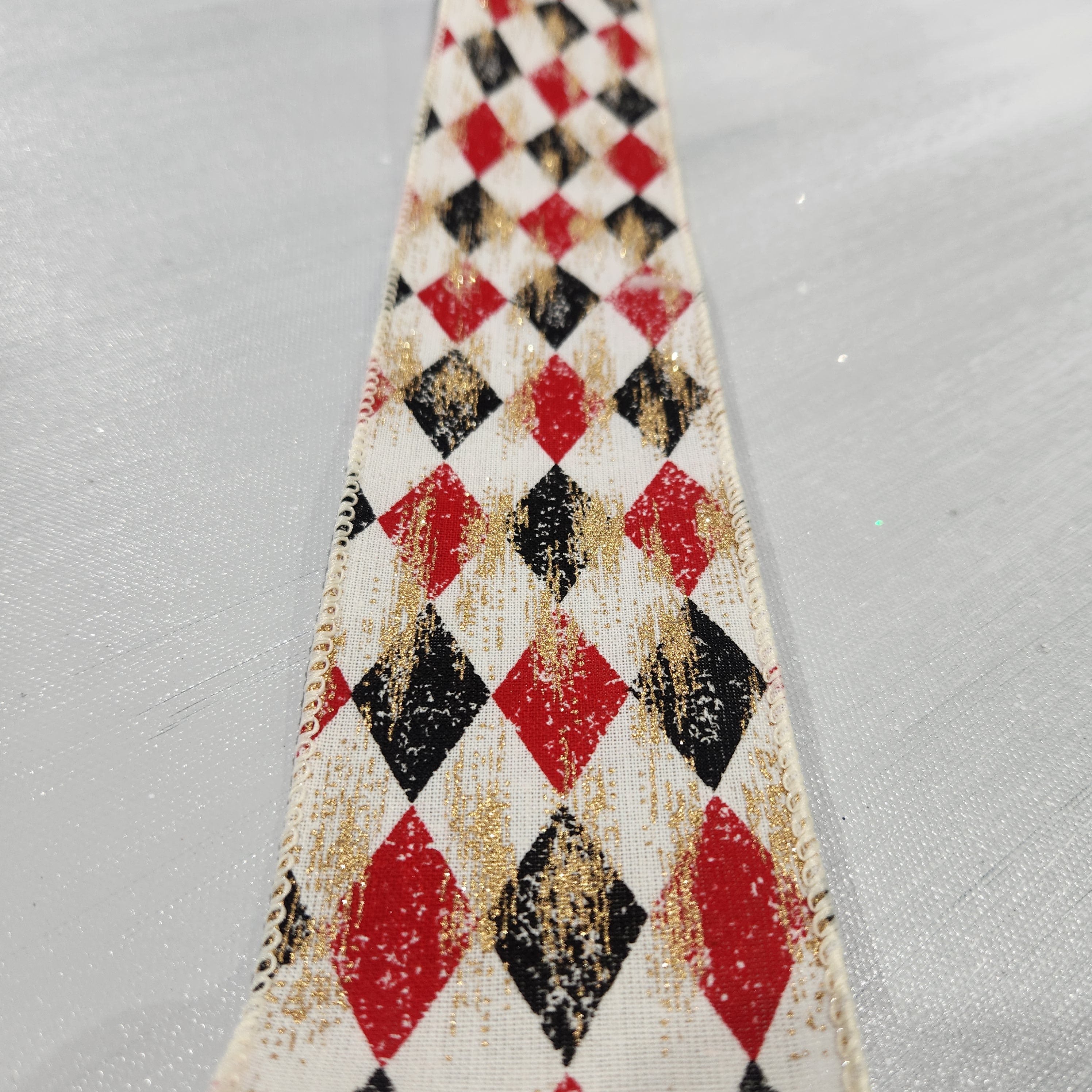 Cream, Black, Red and Gold Metallic Diamond Web Ribbon 2.5" x 30'