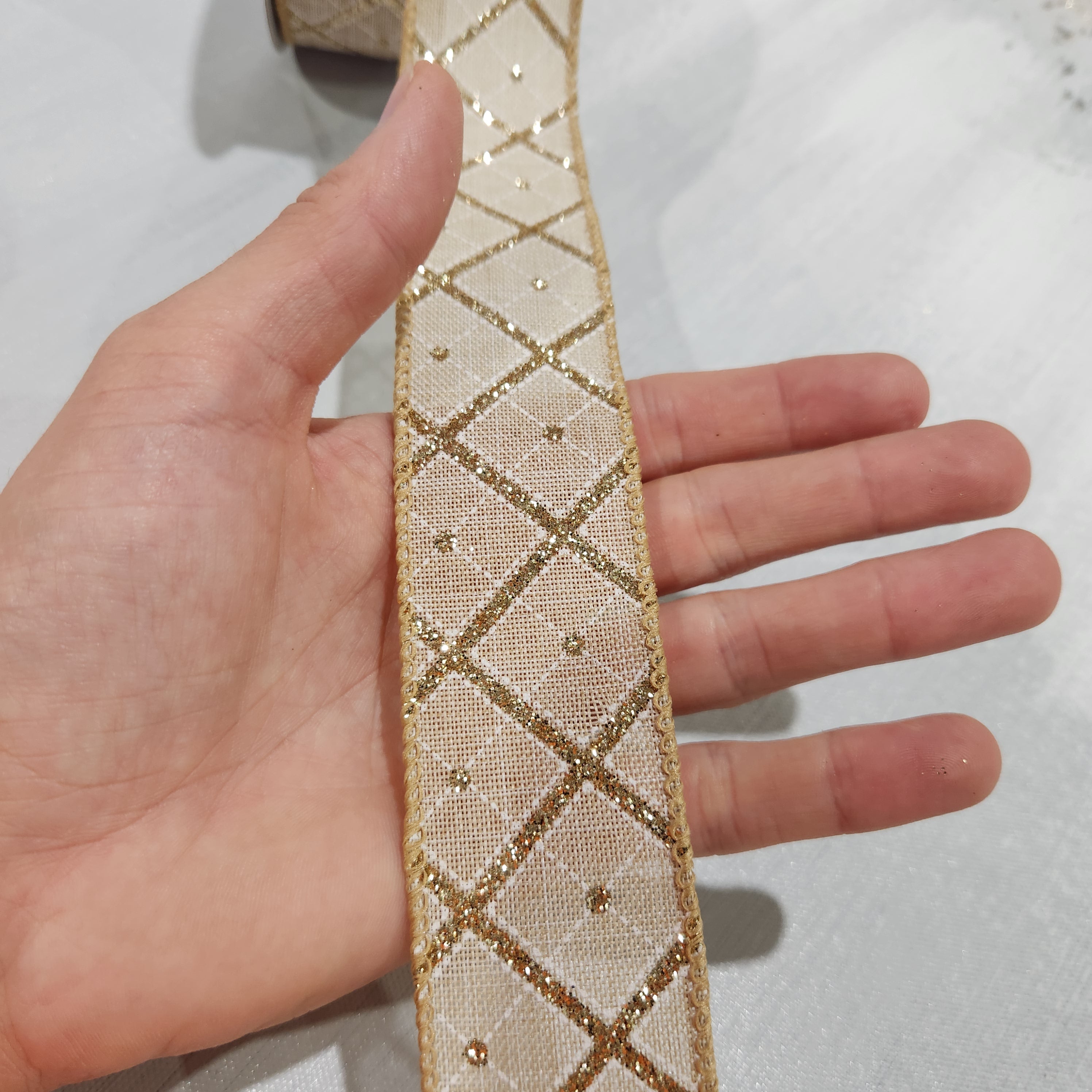 White and gold cross diamond linen ribbon 1.5" x 30'