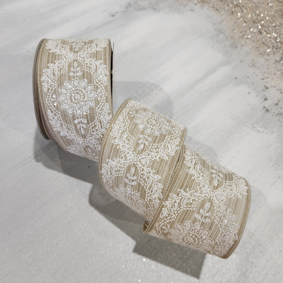 Natural and White Textured Damask Ribbon 2.5" x 30'