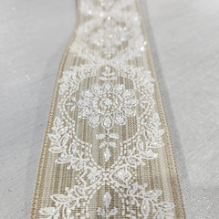 Natural and White Textured Damask Ribbon 2.5" x 30'