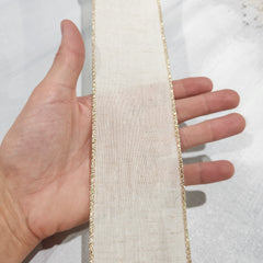 Ivory canvas ribbon with metallic gold border 2.5" x 30'