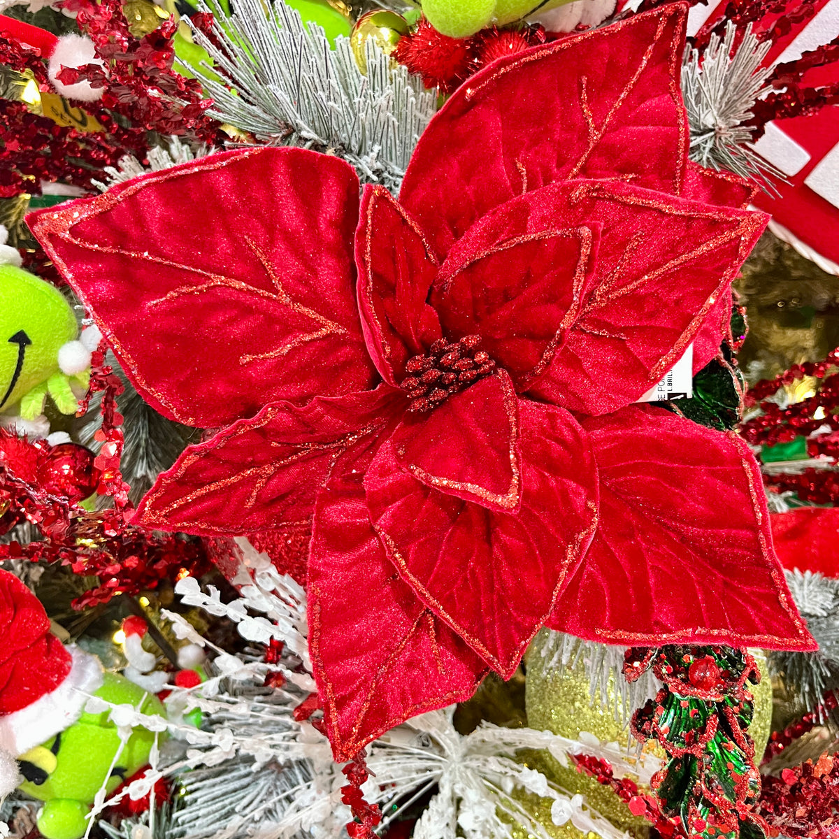 Tige de poinsettia en velours rouge avec brillant 22"