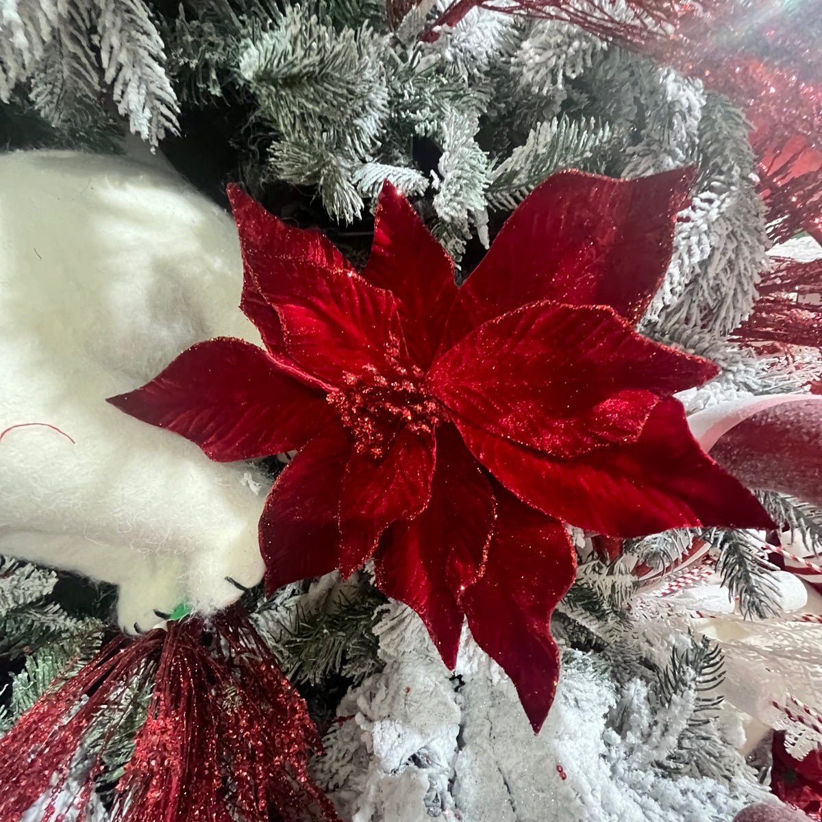 Dark Red Velvet Glitter Poinsettia 22"