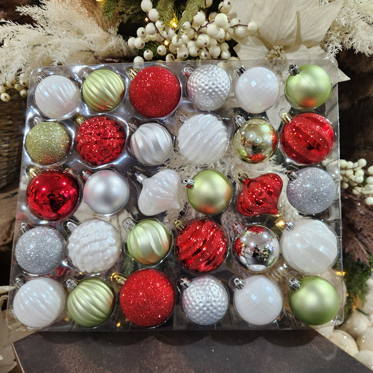 30 Red, White, and Green Polystyrene Balls, 2.7"