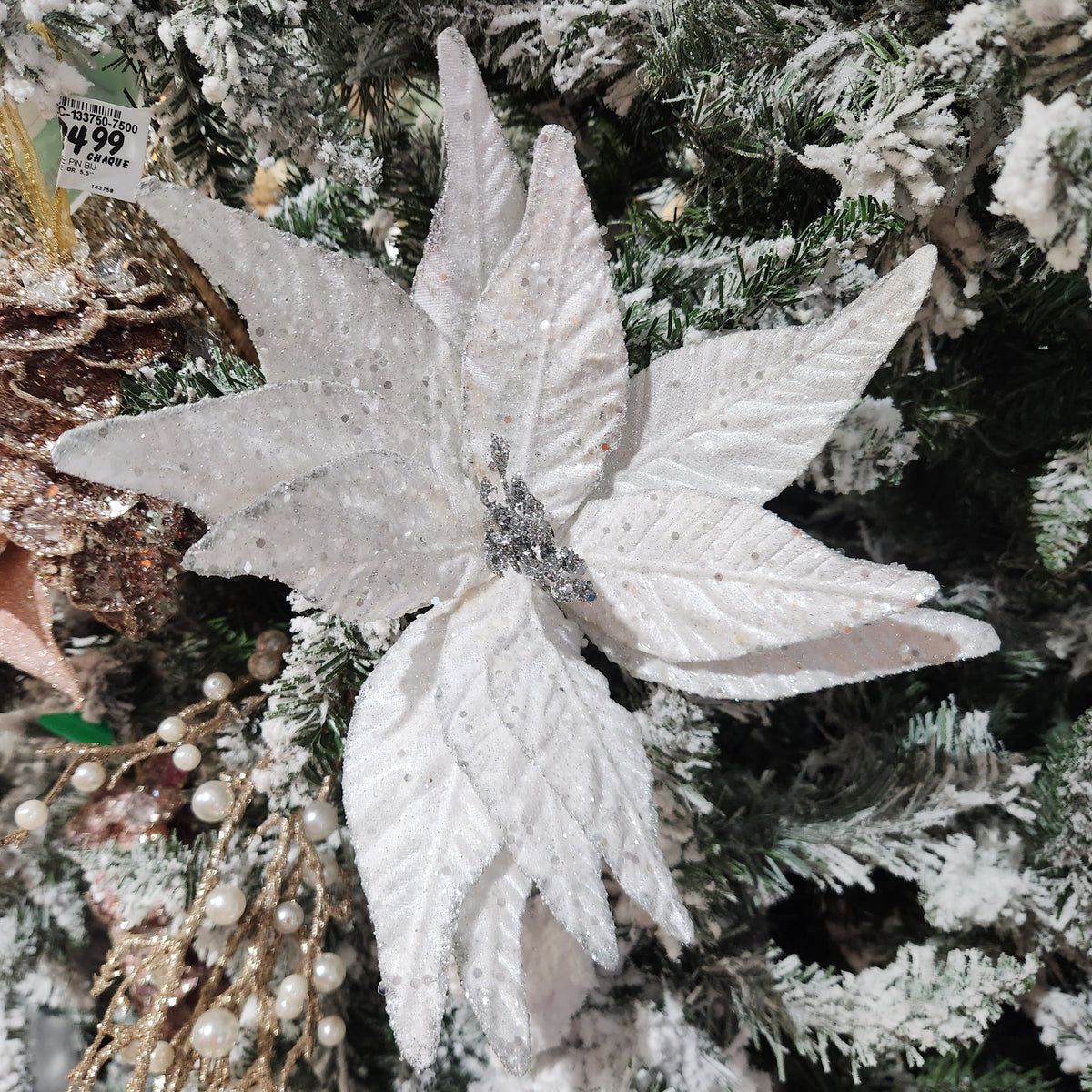 22" White and Silver Poinsettia Stem