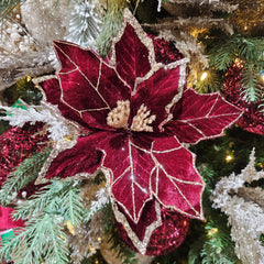 Burgundy, Pink and Gold Sparkly Velvet Poinsettia Stem 22"