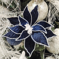 Midnight Blue Velvet Poinsettia Stem with Cord 22"