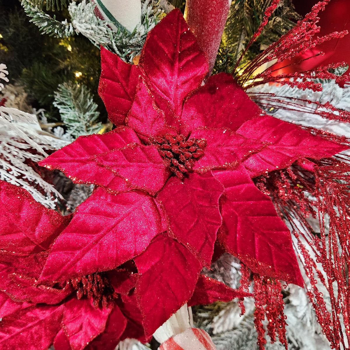 22" Shiny Red and Gold Velvet Poinsettia Stem