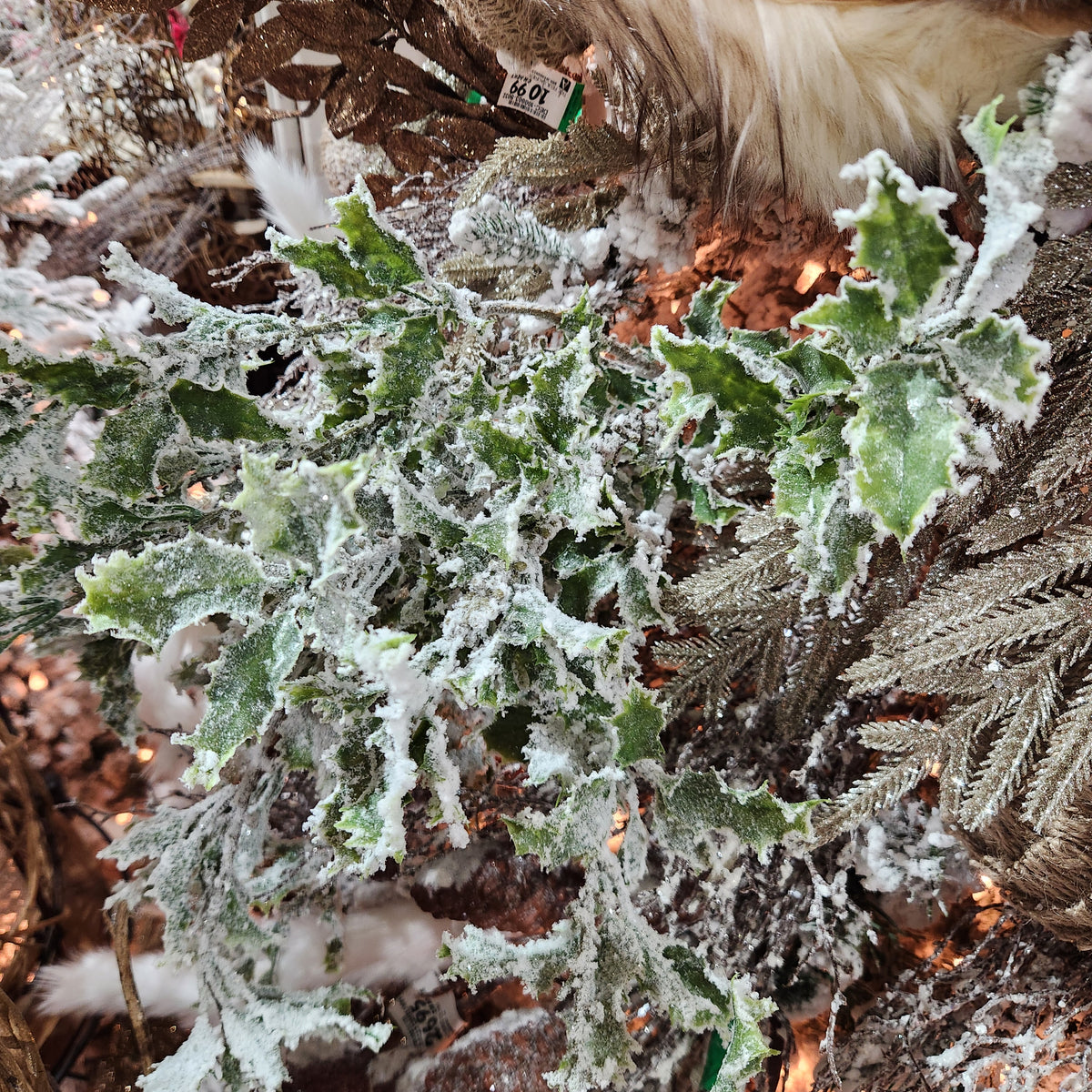 Green and White Snowy Holly Stem 38"