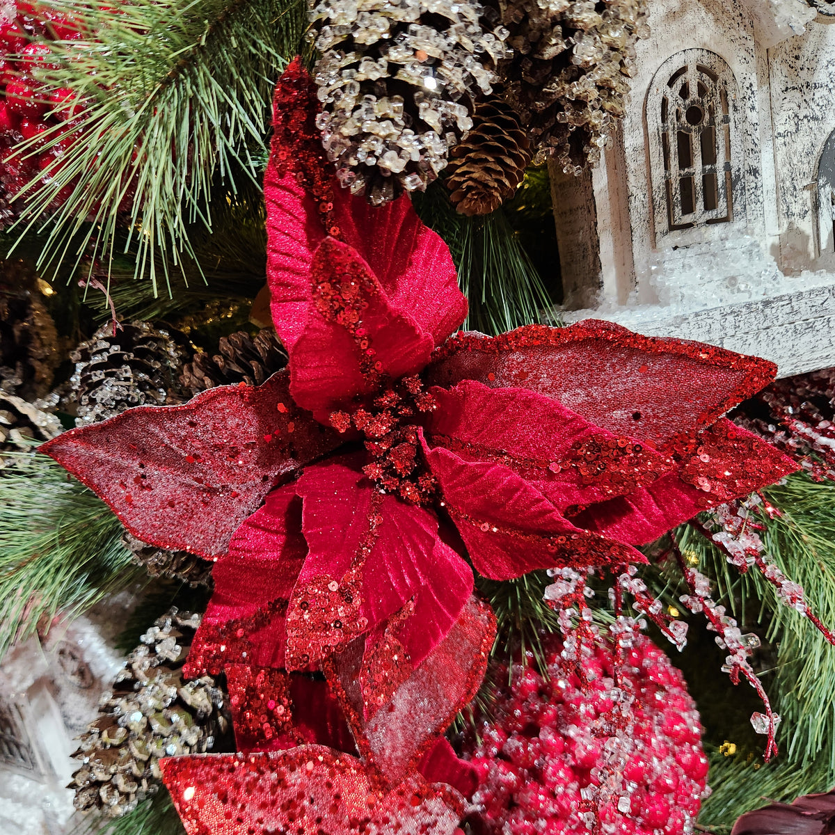 22" Deep Red Glitter Poinsettia Stem