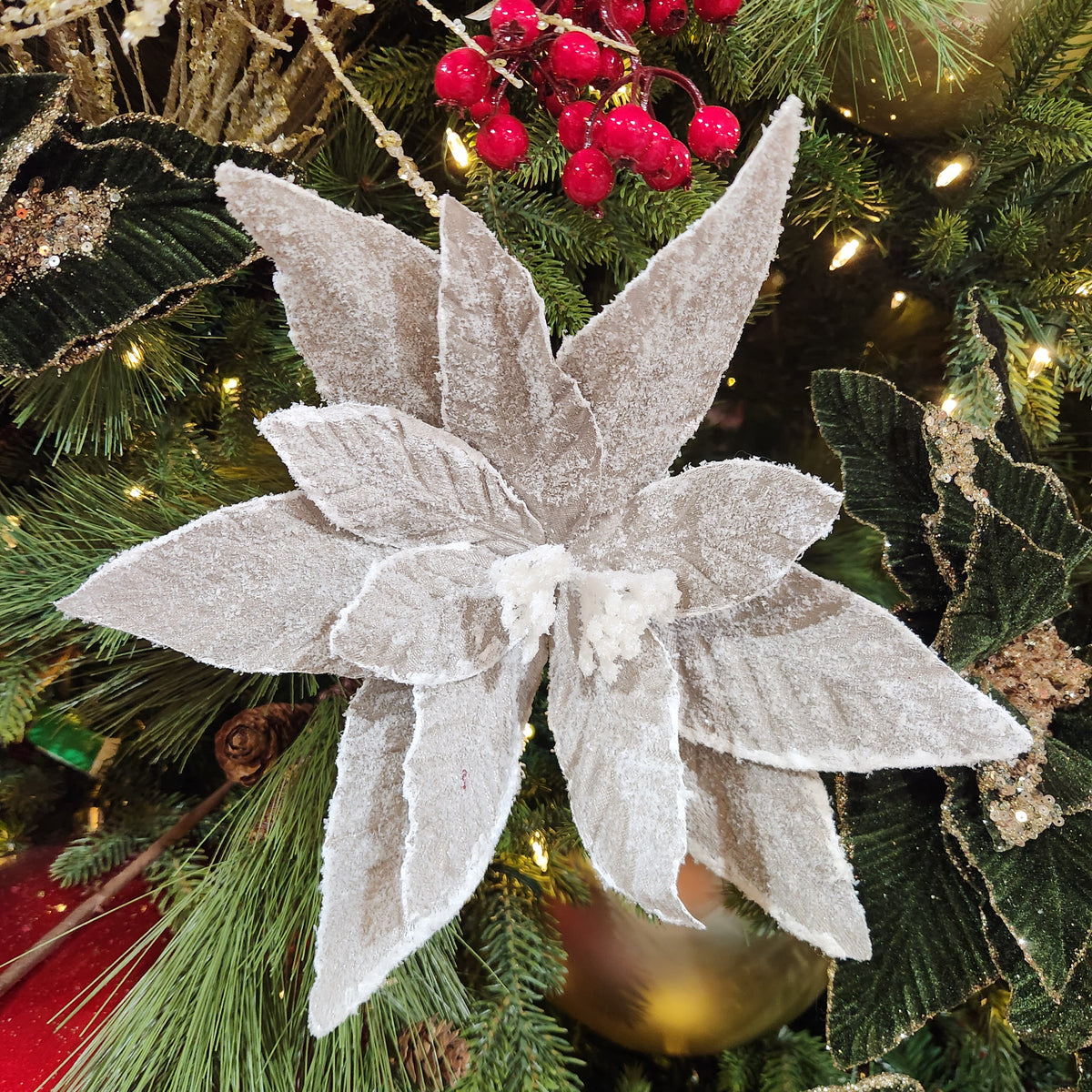 Snowy Beige Poinsettia Stem 22" 