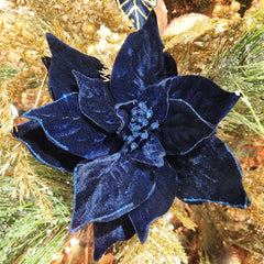 Midnight Blue Velvet Poinsettia Stem 20"