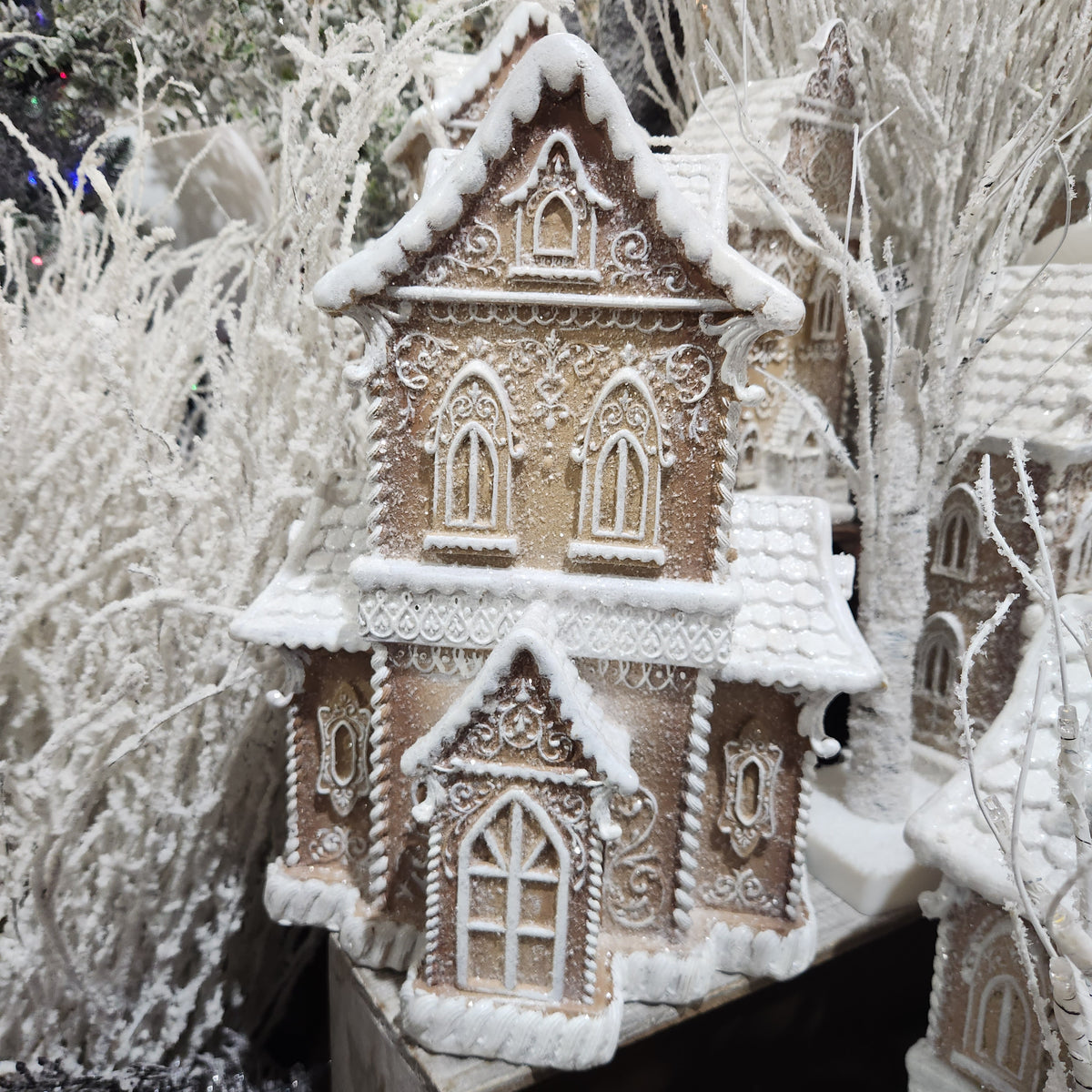 Gingerbread Mansion with Snowy Roof 8" x 10" x 14"