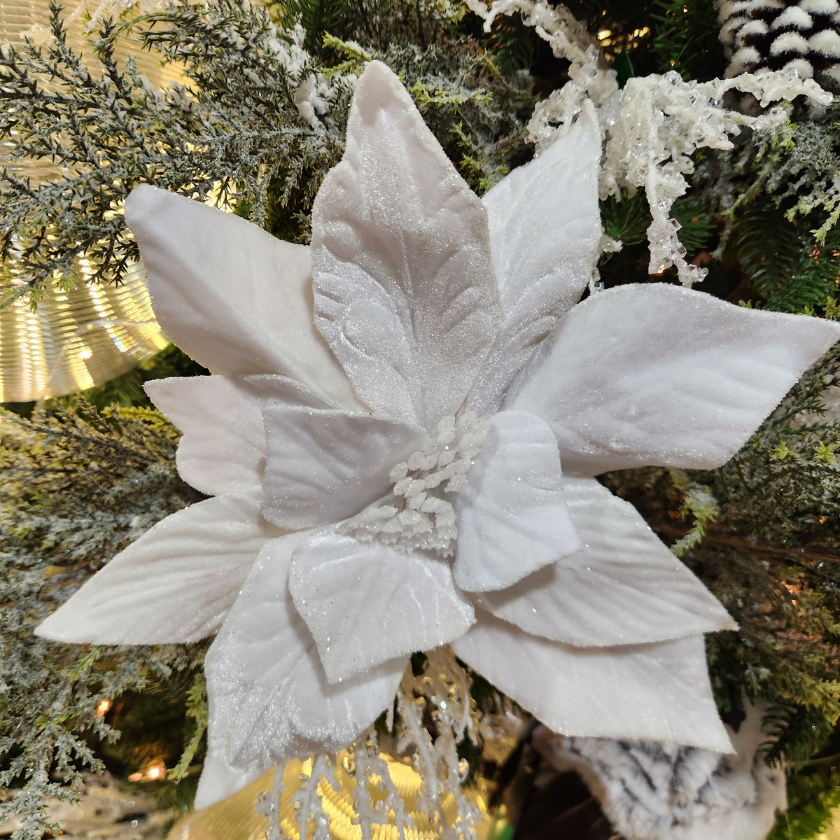 Tige de poinsettia en velours blanc 12"