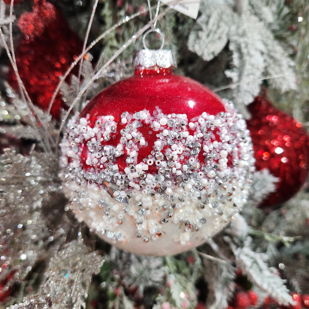 4" Assorted Red and Snow Glass Ball