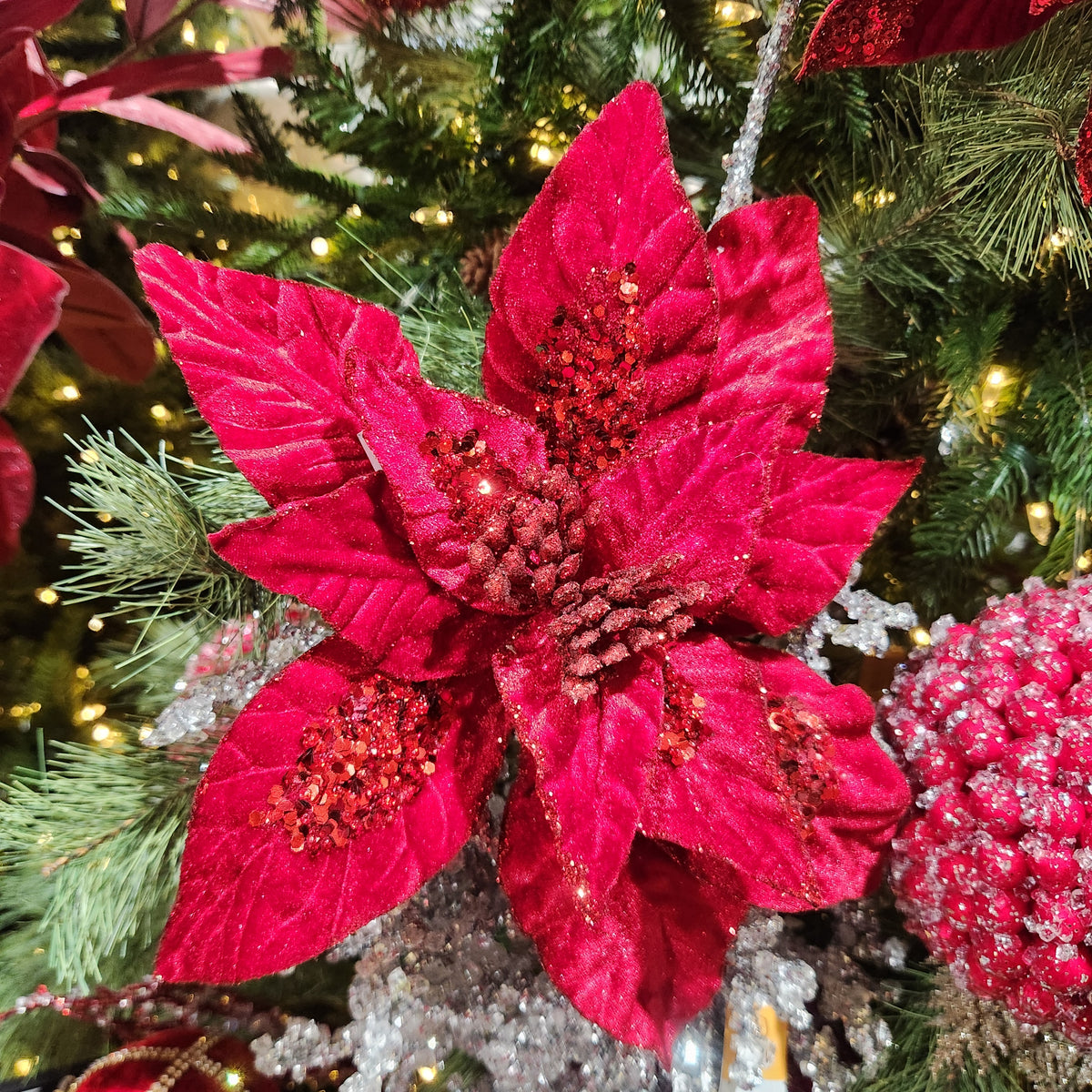 22" Dark Red Velvet Poinsettia Stem