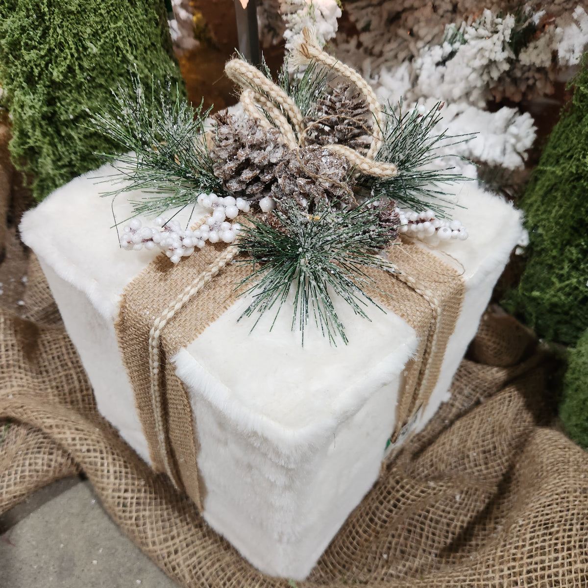 7.9" Faux Fur Decorative Gift with Pine Cones