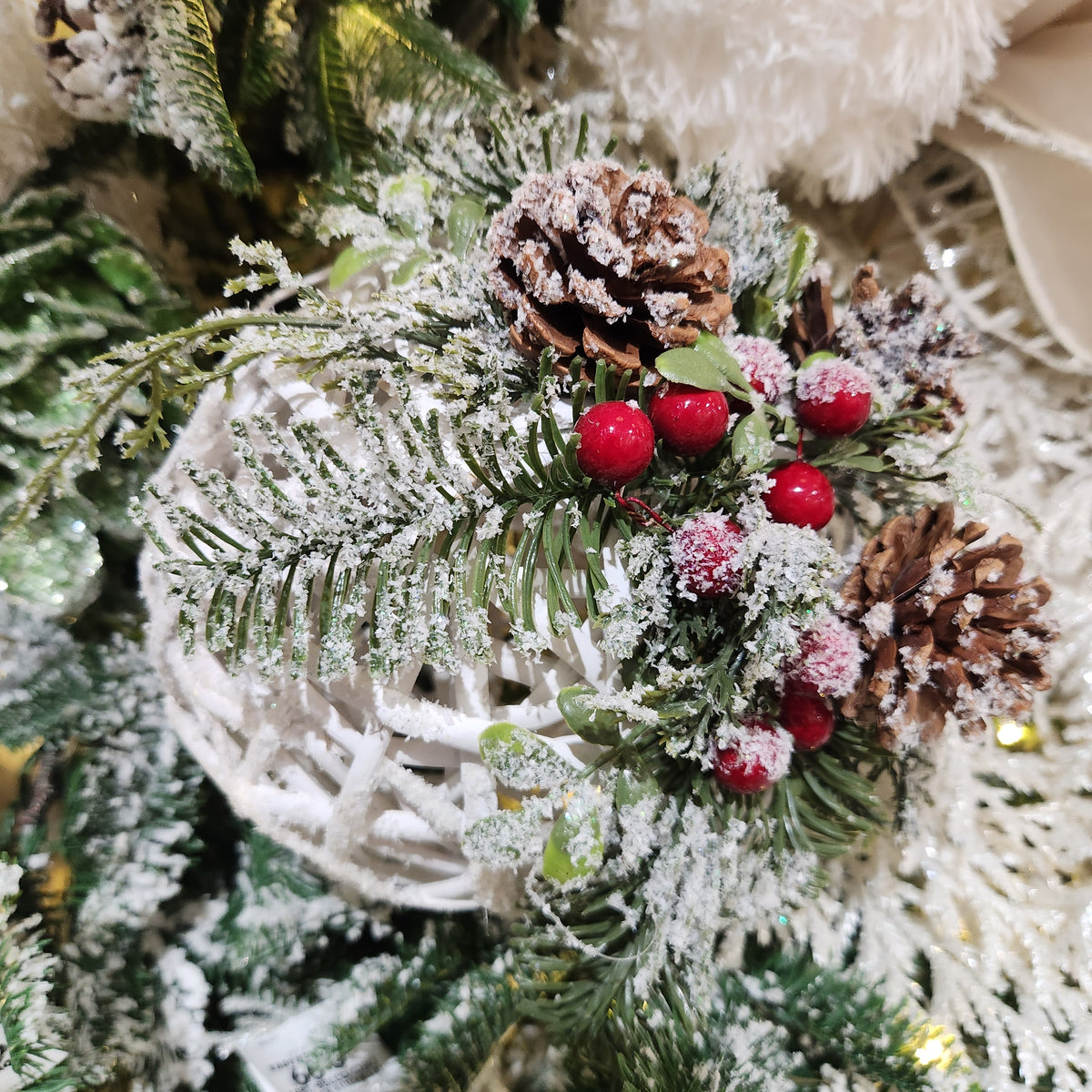 Pine Twig Ball with Green, Red and White Berries 8"