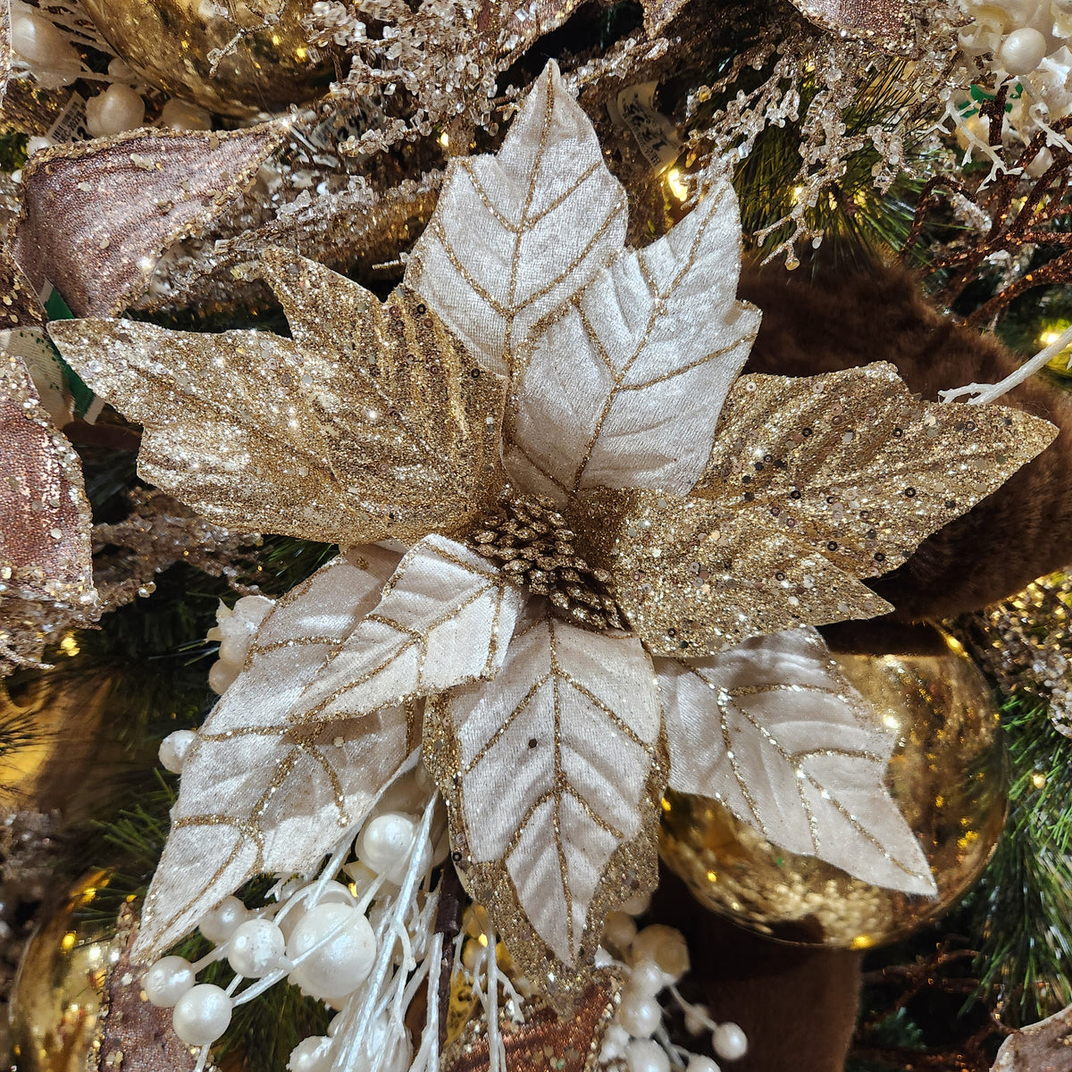 Champagne Glitter &amp; Shiny Velvet Poinsettia Stem 22"