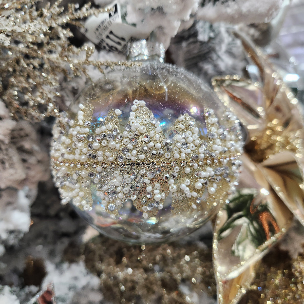 4" Champagne Iridescent Glass Ball and Shiny Pearls